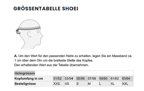 Tabella delle taglie del casco SHOEI